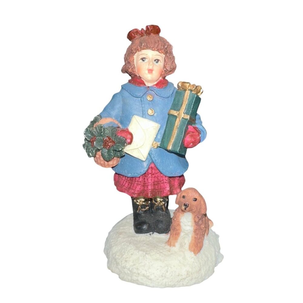 Vintage 1996 Village Square Girl Dog Figurine Mervyns Christmas Holiday Presents